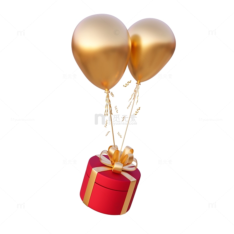 3D金色气球红色礼盒节日聚会装饰元素