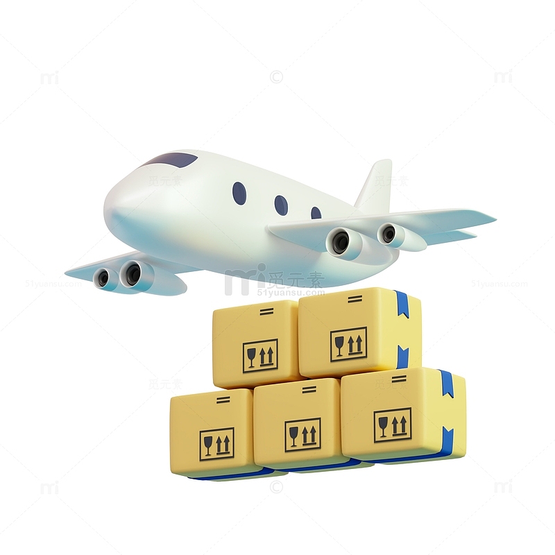 卡通飞机空运物流快递包裹包装箱3D元素