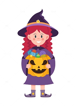 卡通简约万圣节抱着南瓜的小魔女