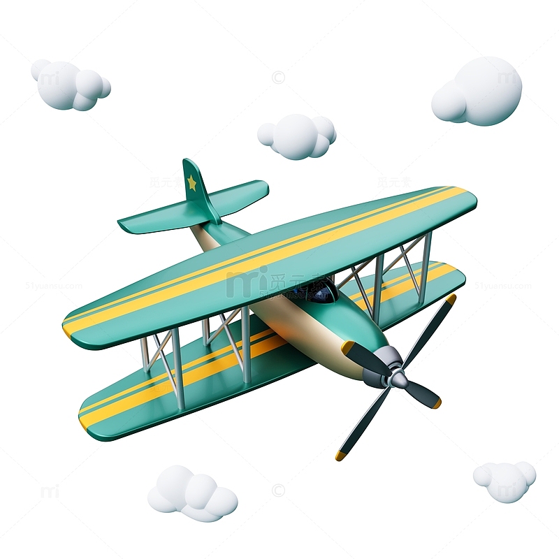 3D立体卡通深绿色螺旋桨双翼飞机模型