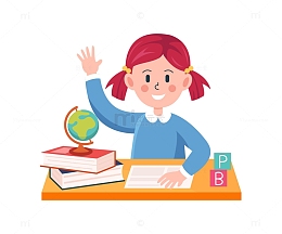 卡通简约坐在课桌前的学生