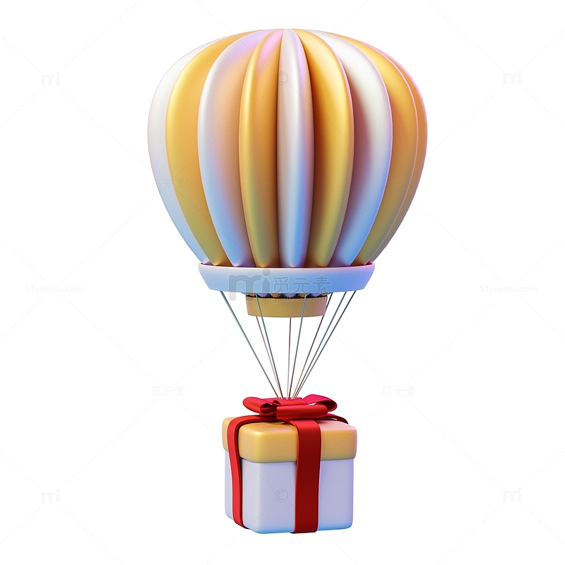 金色卡通热气球礼物礼盒3D促销元素