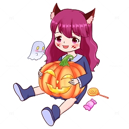 万圣节元素抱着南瓜头的小女巫
