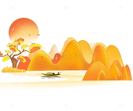 秋天金色山脉祥云夕阳海报装饰