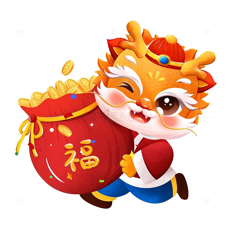 龙年形象春节拿红包福袋手绘插画元素
