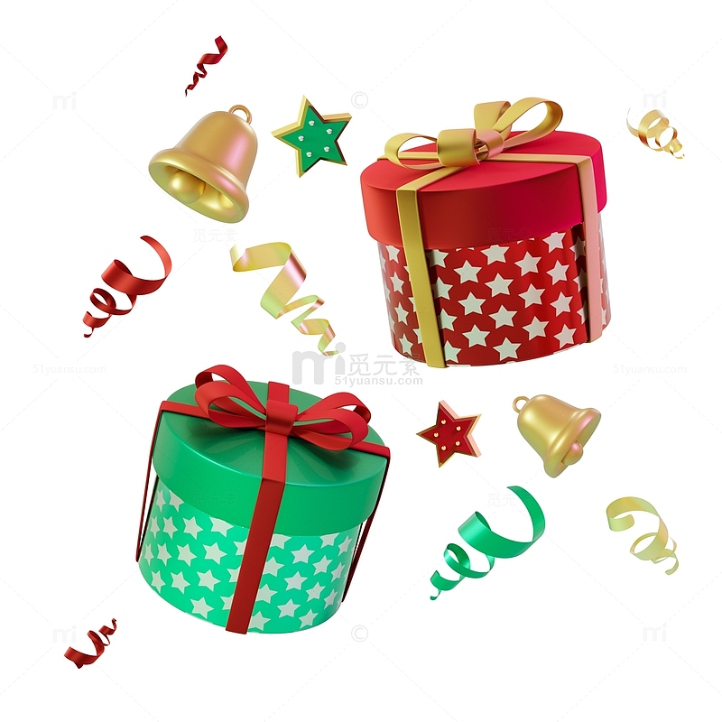节日气氛礼盒圣诞铃铛3D节日装饰元素