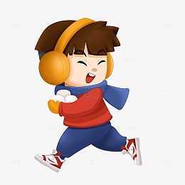 冬天拿着雪球奔跑的卡通儿童小学生