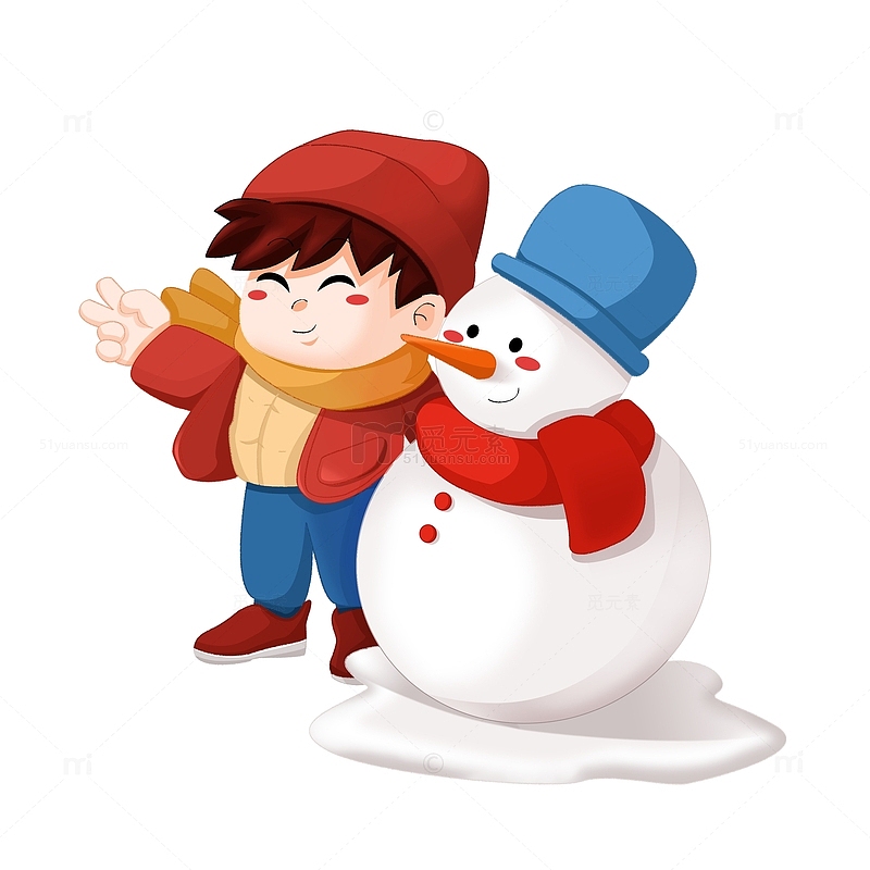 冬天玩雪堆雪人比耶的卡通儿插