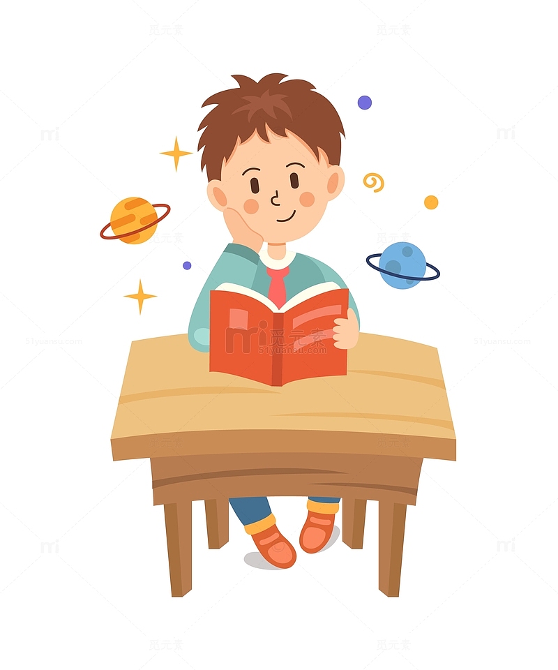 卡通坐在书桌前看书的小孩