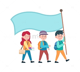 卡通简约拿着大旗的小学生