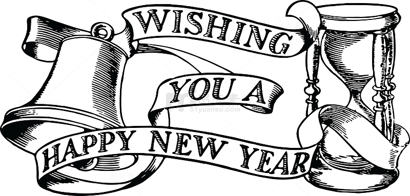 卡通黑白简笔画效果新年快乐英文字母