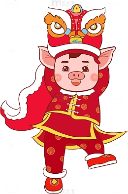 卡通新年舞狮舞龙猪年