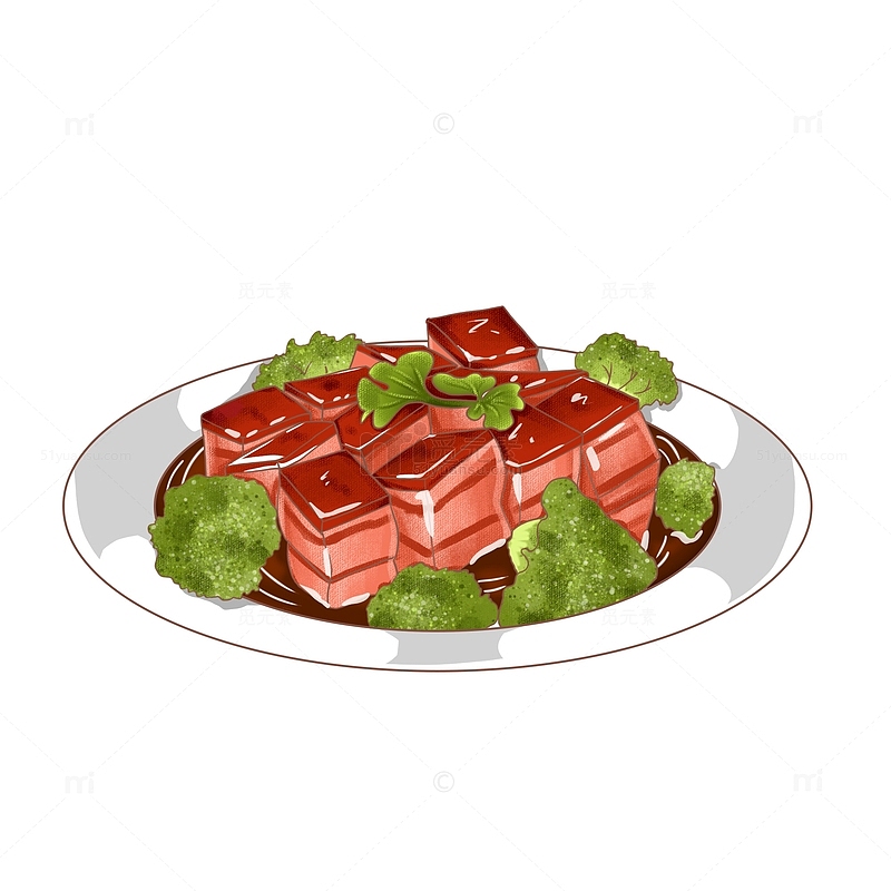 美食红烧肉西兰花手绘插画