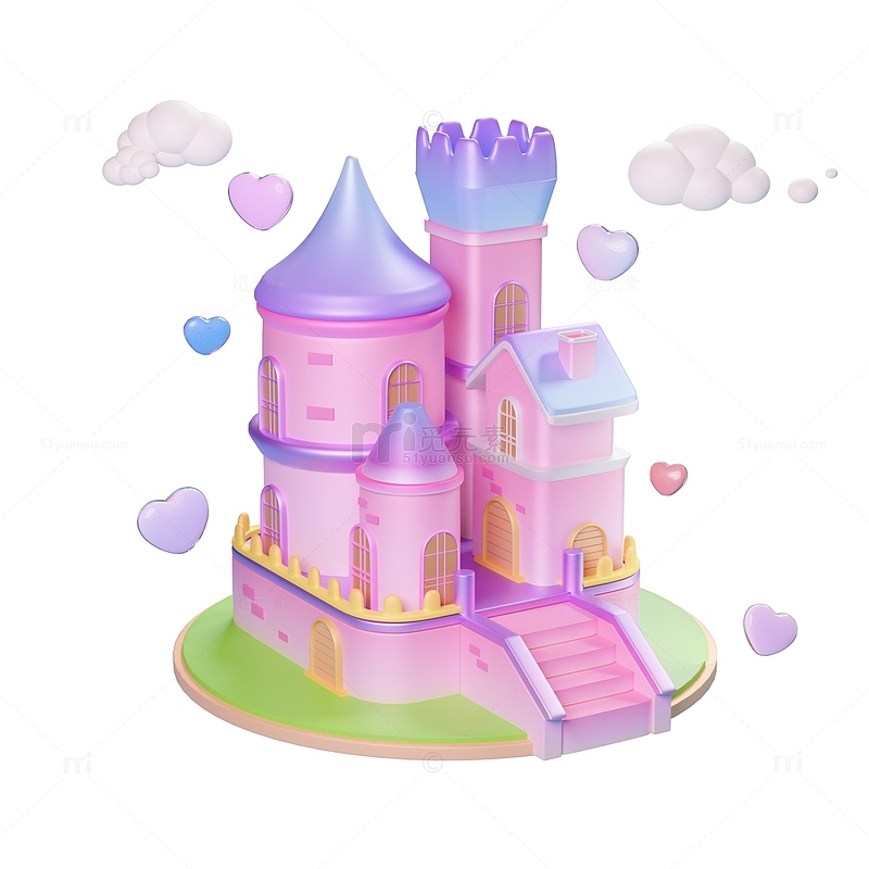 童话风格卡通粉色城堡小屋3D模型