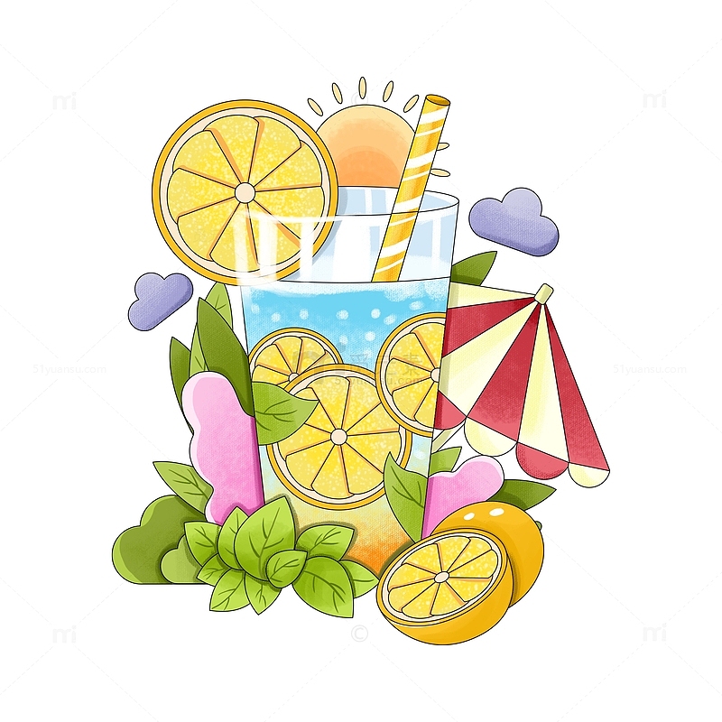 柠檬柠檬茶饮品太阳夏天太阳伞植物手绘插画