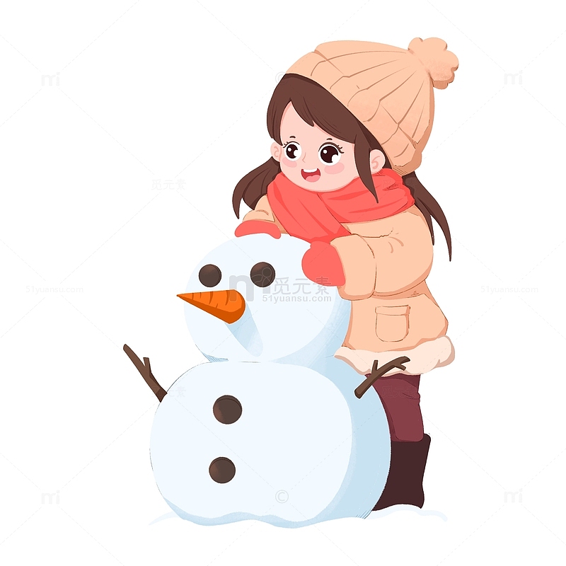 冬天女孩穿着冬装在雪地上堆雪人免扣元素