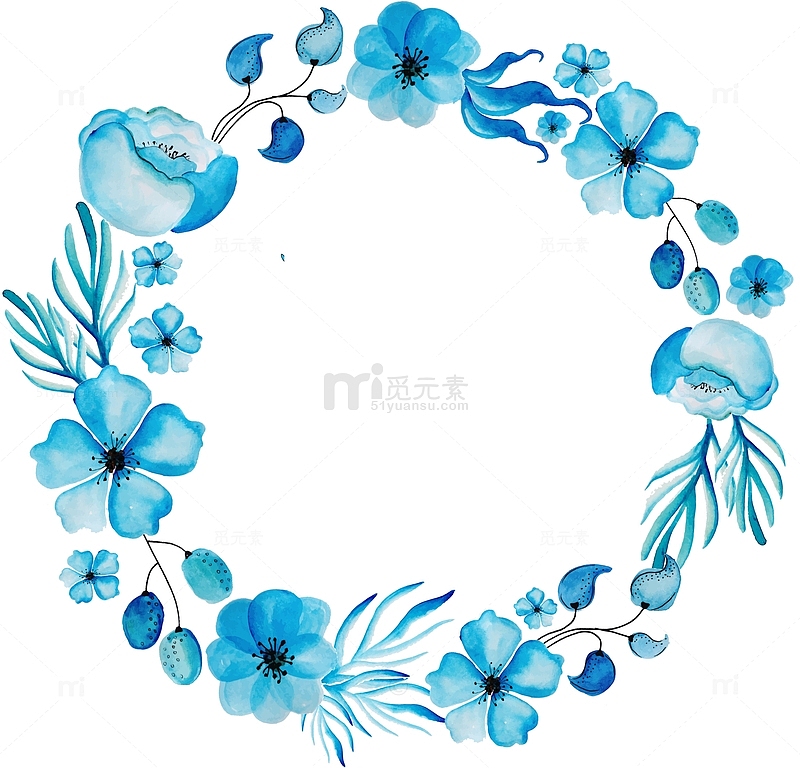 蓝色水彩花卉花环