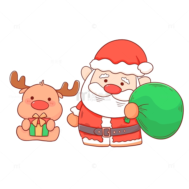 背着礼物袋的圣诞老人和抱着礼物盒的麋鹿