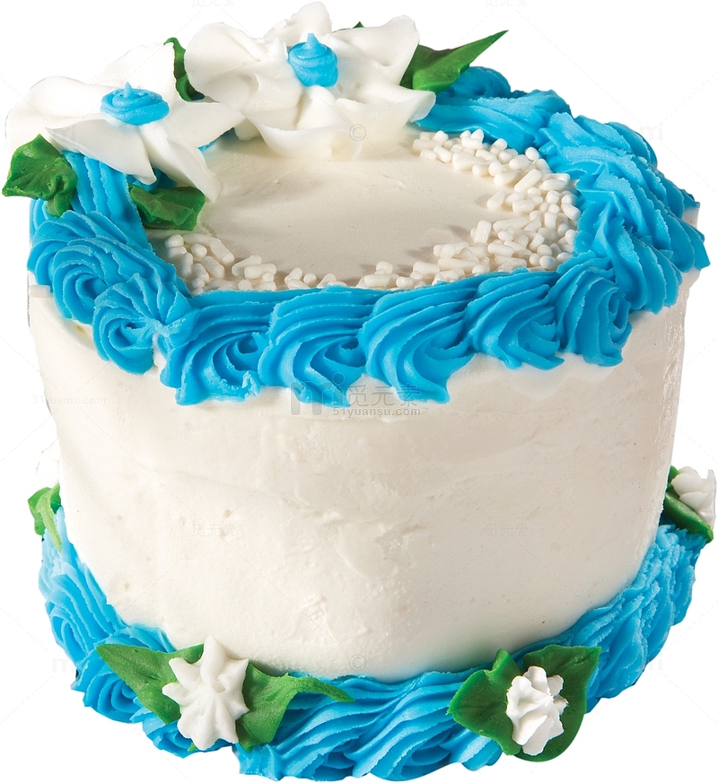 蓝色裱花绿叶白花生日蛋糕