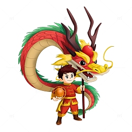 2024龙年舞龙的卡通古风少年