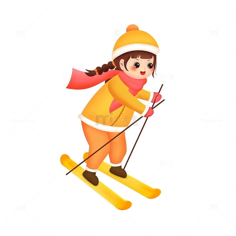 手绘滑雪女孩卡通人物
