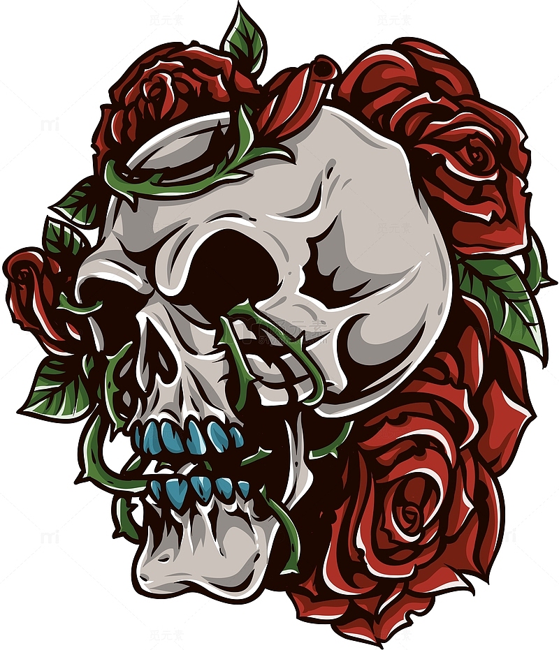 个性创意玫瑰花藤门骷髅头纹身