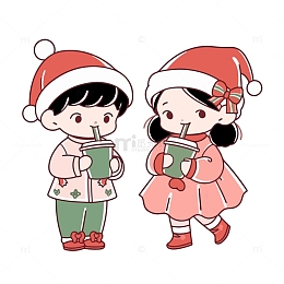 圣诞喝奶茶卡通插画