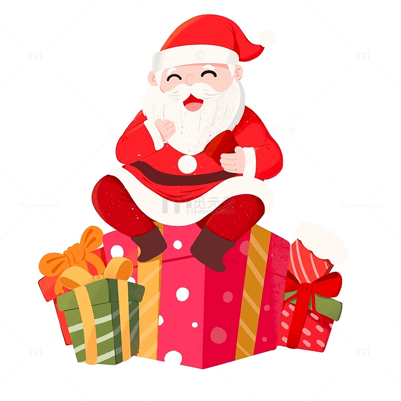 卡通手绘圣诞节圣诞老人坐在超大礼物盒上