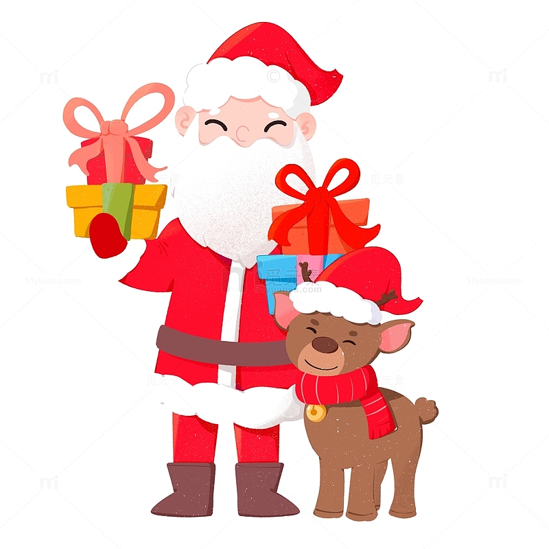 卡通手绘圣诞老人和可爱的小麋鹿
