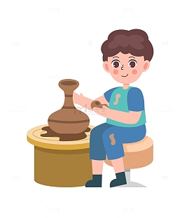 卡通简约做陶艺的小孩