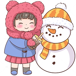 冬季堆雪人喝奶茶女孩