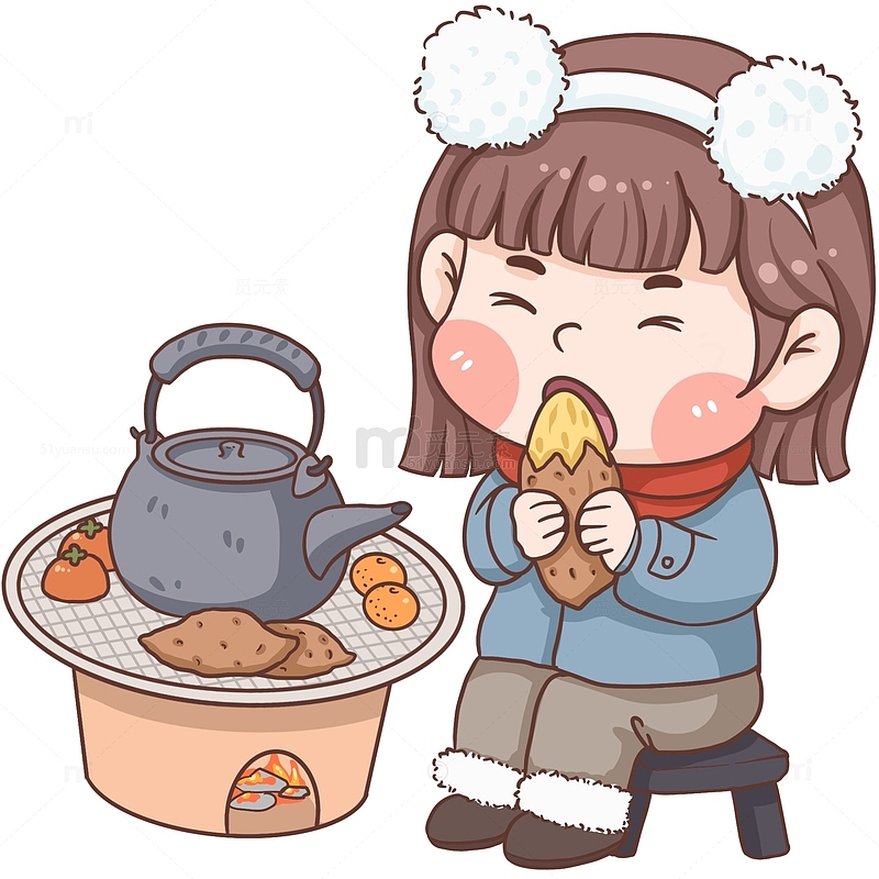 冬季围炉吃烤红薯女孩