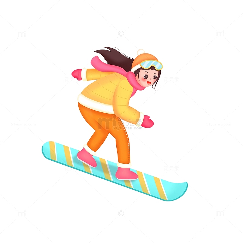 手绘滑雪女孩卡通人物插画