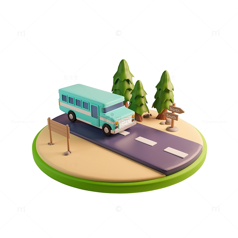 3D立体公路上旅游大巴的卡通汽车模型