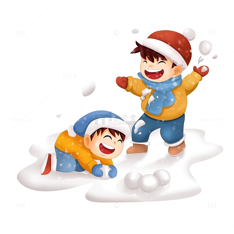 冬天户外活动打雪仗的卡通儿童
