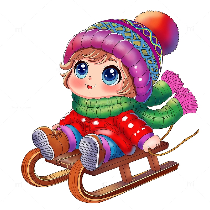 坐雪撬的可爱女孩手绘卡通