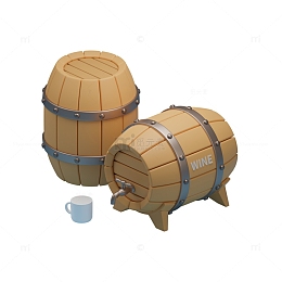 卡通橡木酒桶葡萄酒木桶3D模型