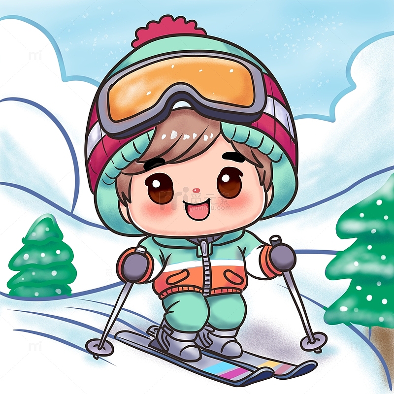 滑雪男孩手绘卡通