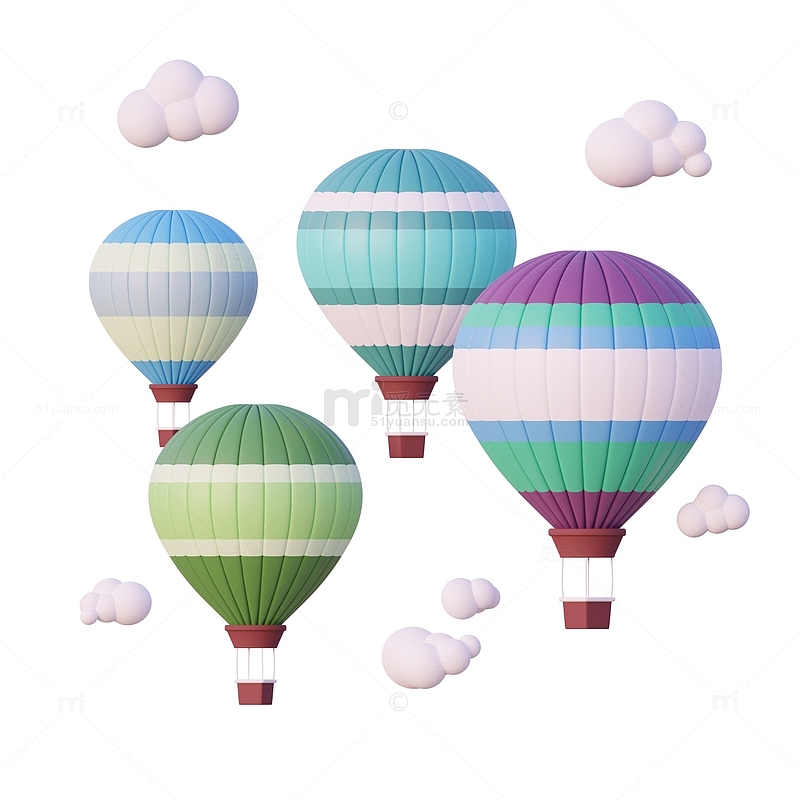 3D立体漂浮的彩色卡通热气球群