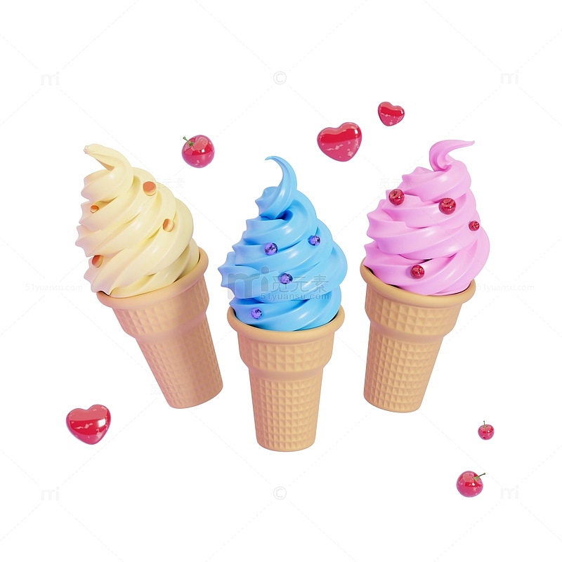 3D立体卡通彩色甜筒冰淇淋甜品美食