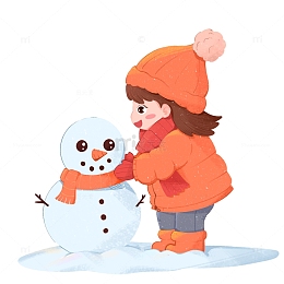 小学节气女孩在雪地上堆雪人免扣元素