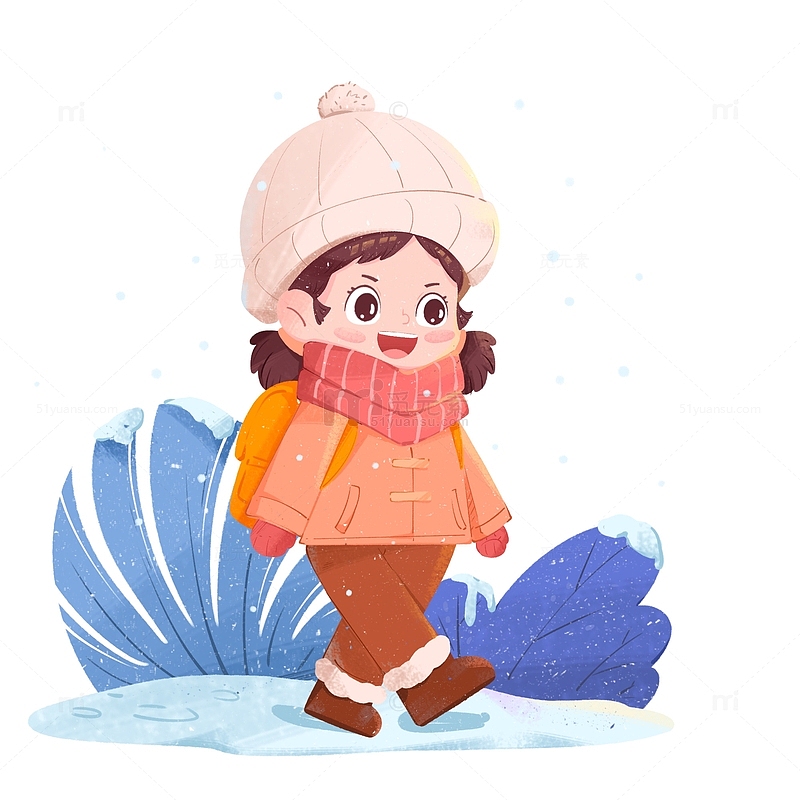 女孩冬季走在雪地上卡通元素