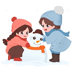 卡通手绘可爱的两个小孩在雪地上堆雪人元素