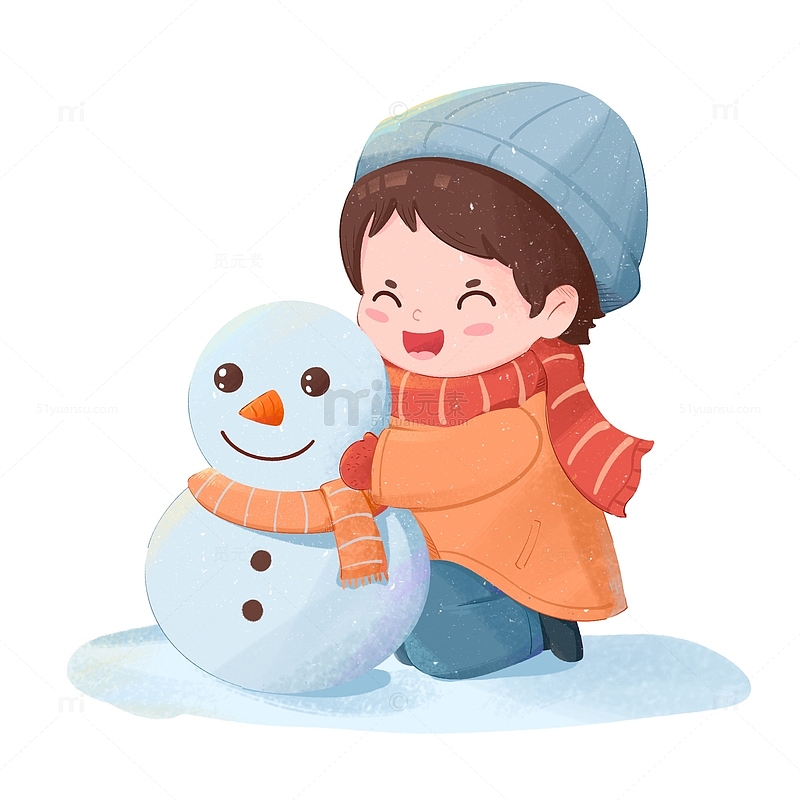 卡通手绘冬天男孩开心抱着雪人免抠元素