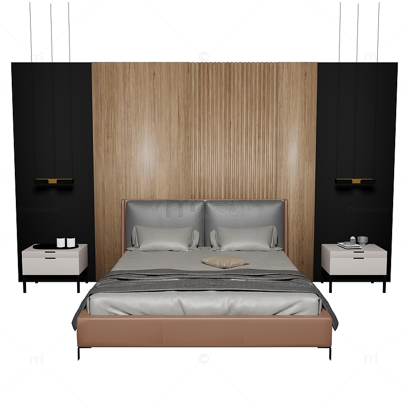 3D立体卧室床北欧风格木制场景免扣元素