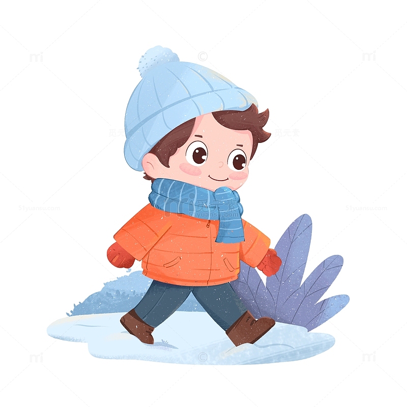 卡通手绘男孩冬天大步走在雪地上免抠元素