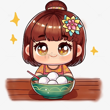 吃汤圆的可爱小女孩手绘素材