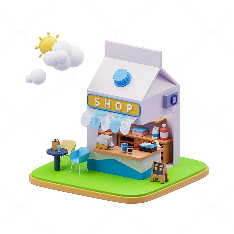 3D立体卡通奶茶店鲜奶小屋房子模型
