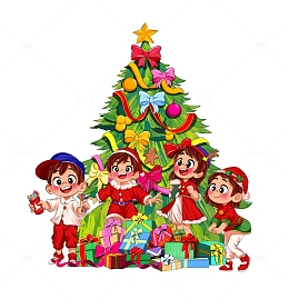 圣诞节平安夜礼物圣诞树儿童卡通手绘插画