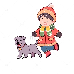 冬天和小狗玩耍的小孩